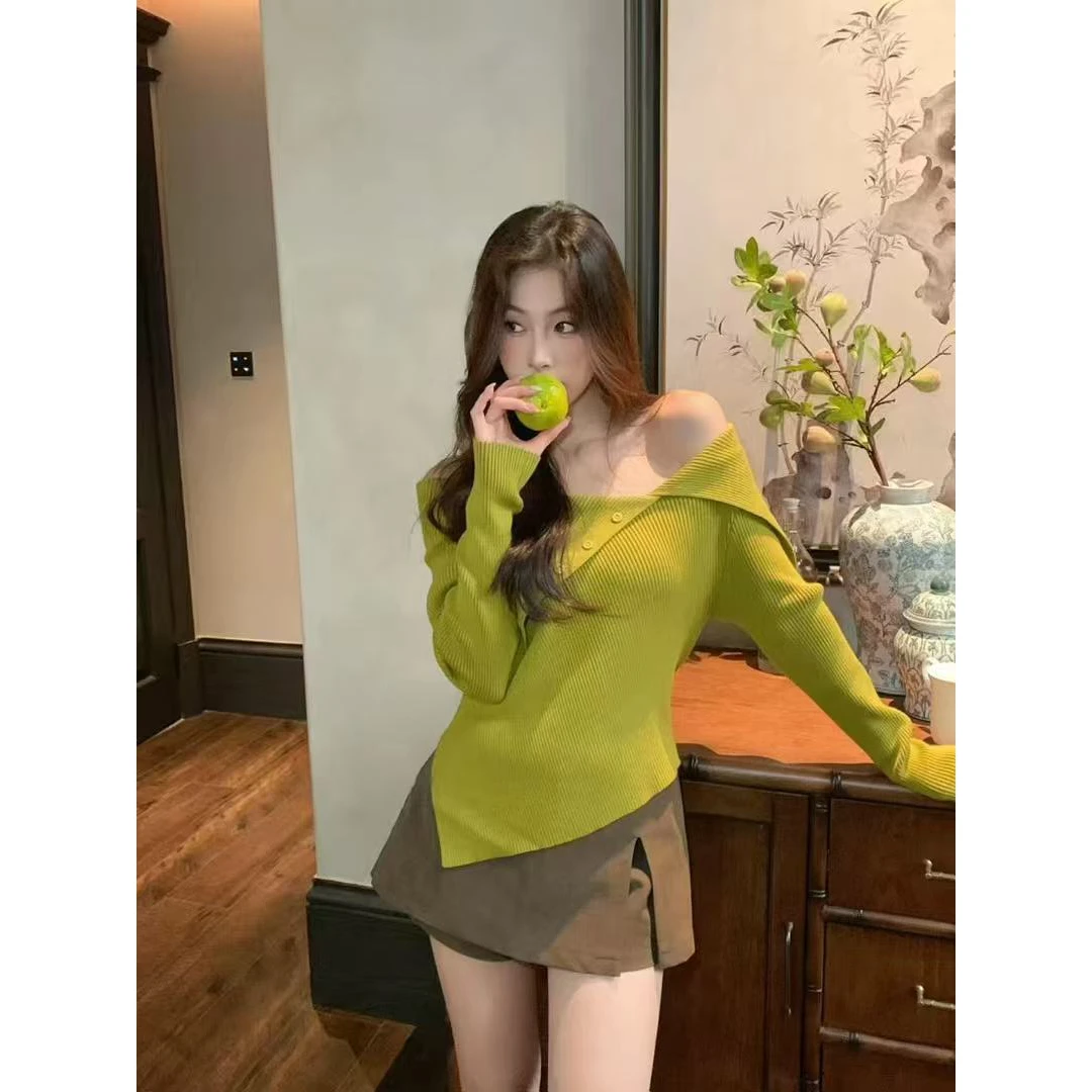 韩系设计感百搭一字肩不规则翻领针织衫显瘦洋气气质高级上衣秋季