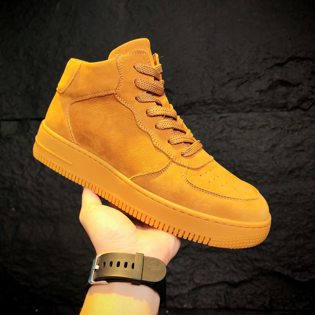 【头层牛皮 】新款真皮牛皮中帮情侣款空军一号厚底防滑高帮马丁靴