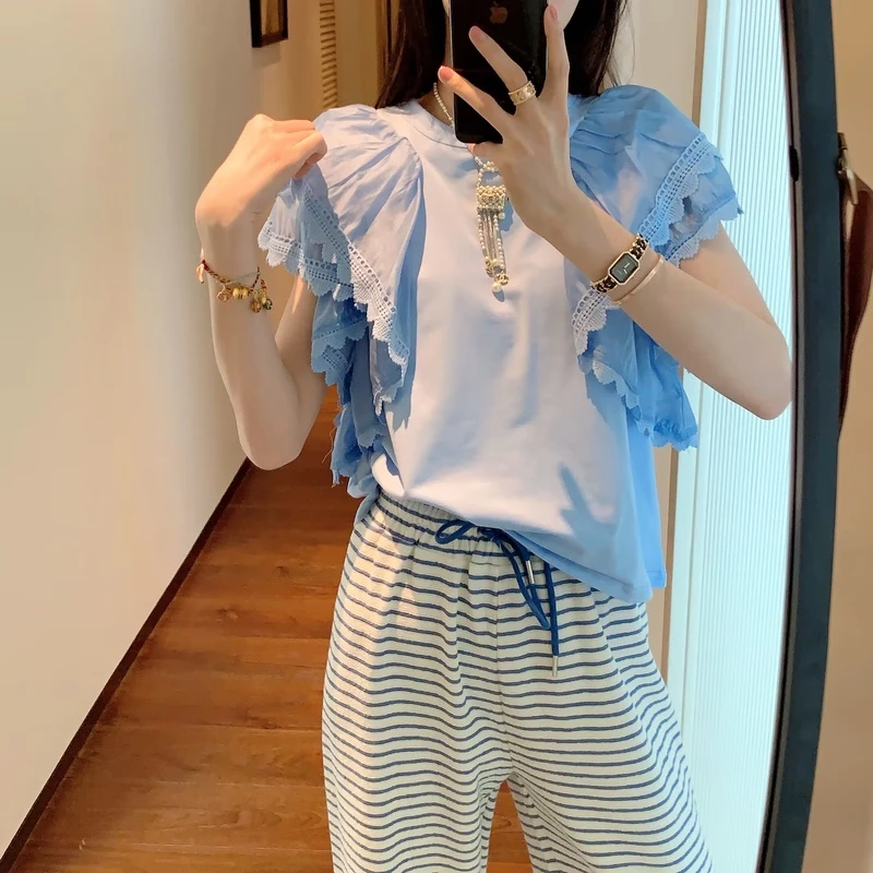 【张静芝】甜美刺绣钩花边喇叭袖洋气显白蓝色少女短袖T恤