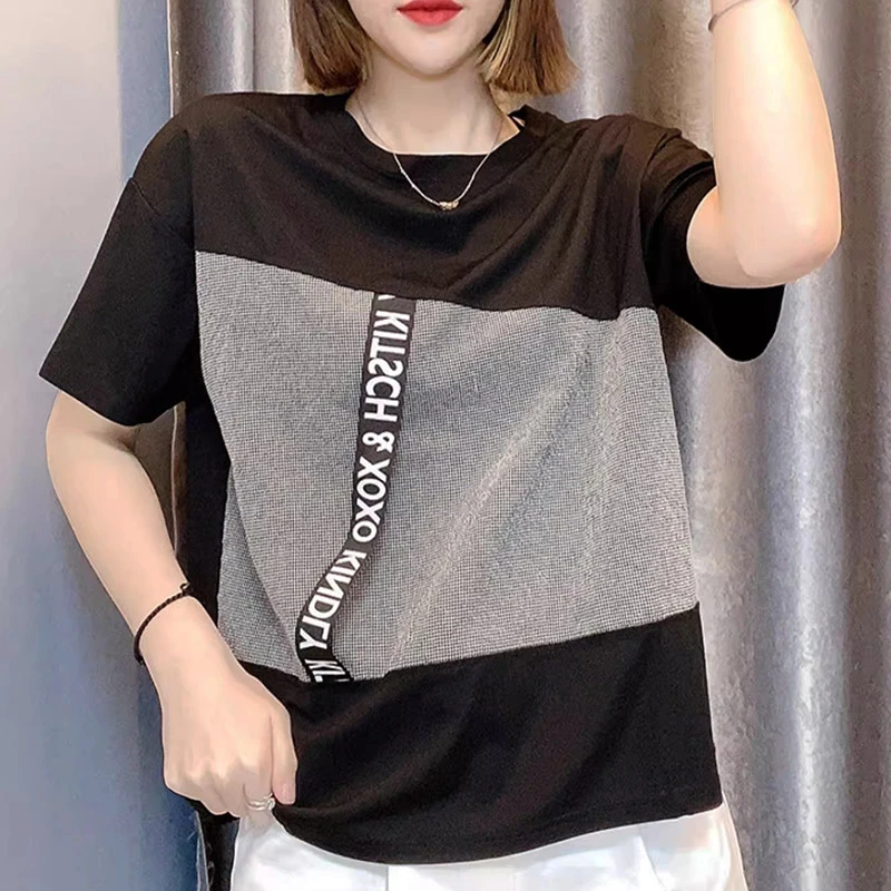 夏季棉轻奢气场强大女装2025新款时髦潮流拼接格子短袖宽松上衣