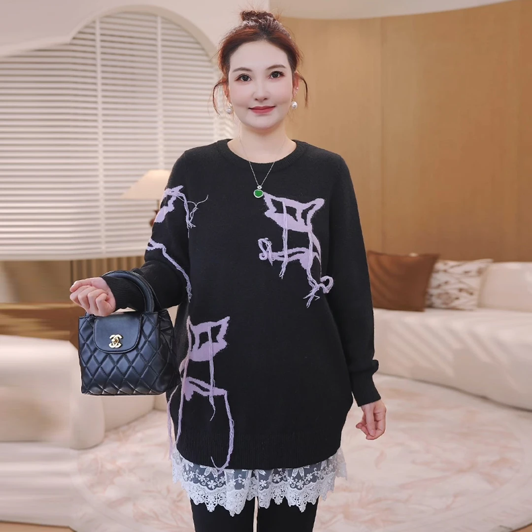 【18支北极绒】MsShe大码女装新冬提花手勾流苏套头毛衣S~E2510004