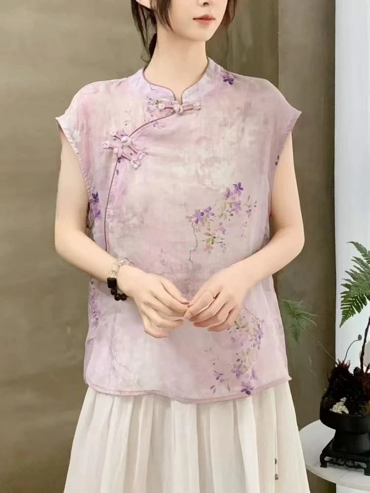 新中式国风斜襟盘扣淡紫碎花无袖衬衫女宽松改良式茶服6869