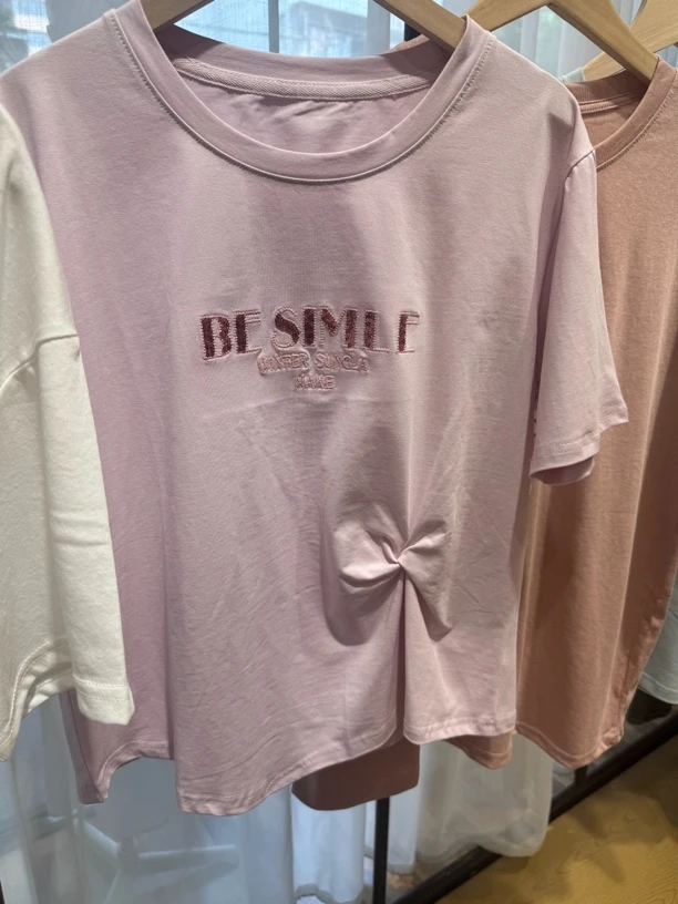 韩版纯色修身型短袖大版常规印花潮流女褶皱T恤女士