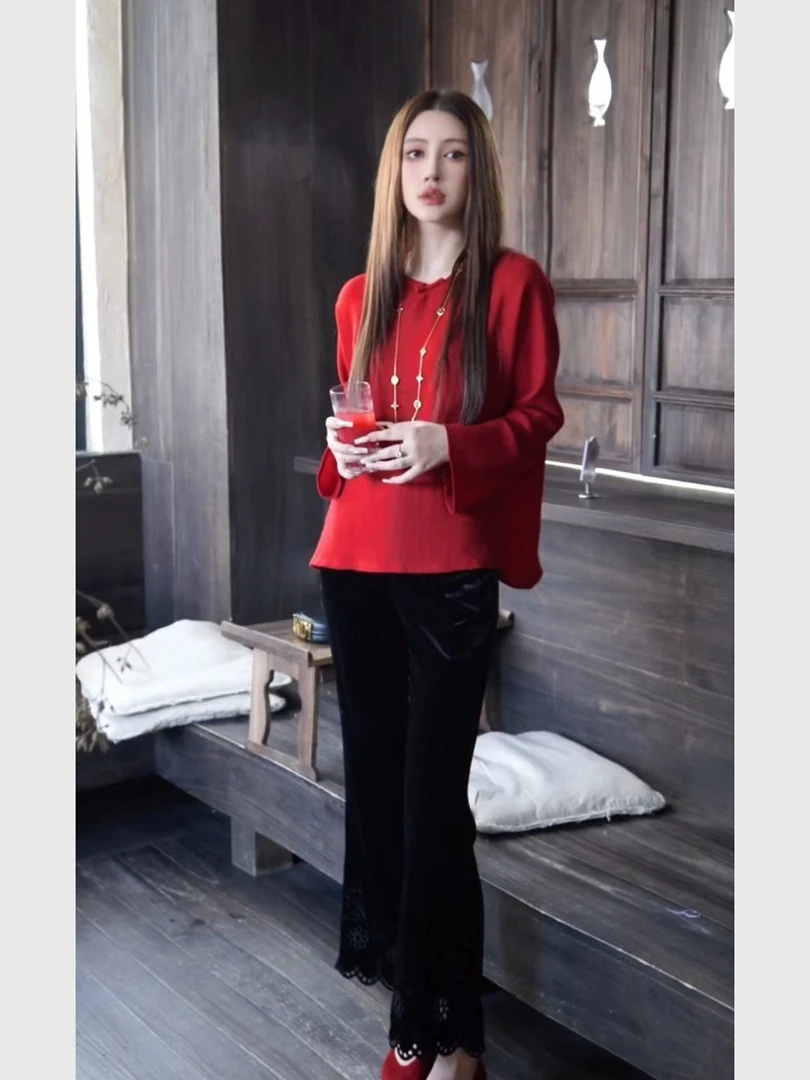 新中式国风女装2025新款宋锦红色盘扣上衣独特超好看单穿长袖衬衫