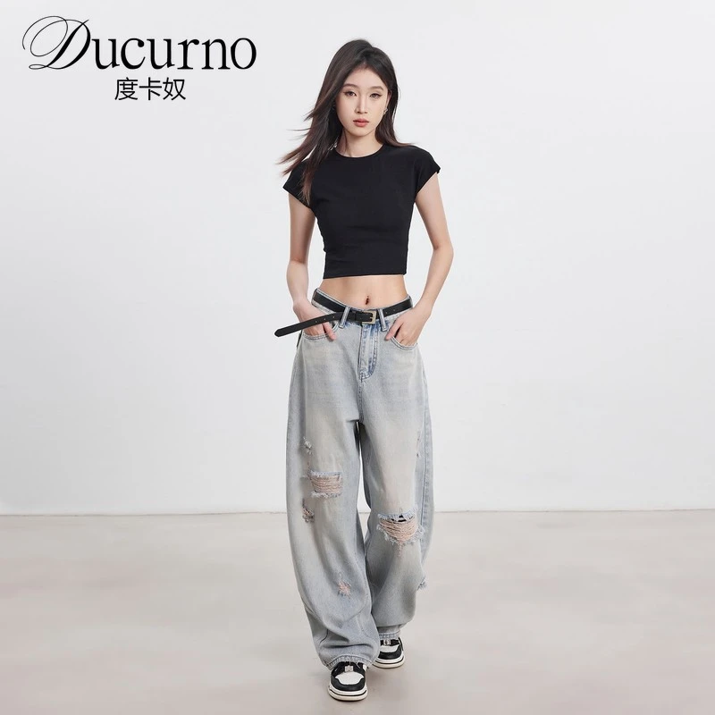 浅蓝破洞堆堆裤弯刀牛仔裤女2025夏季新款薄款复古高个子阔腿裤子