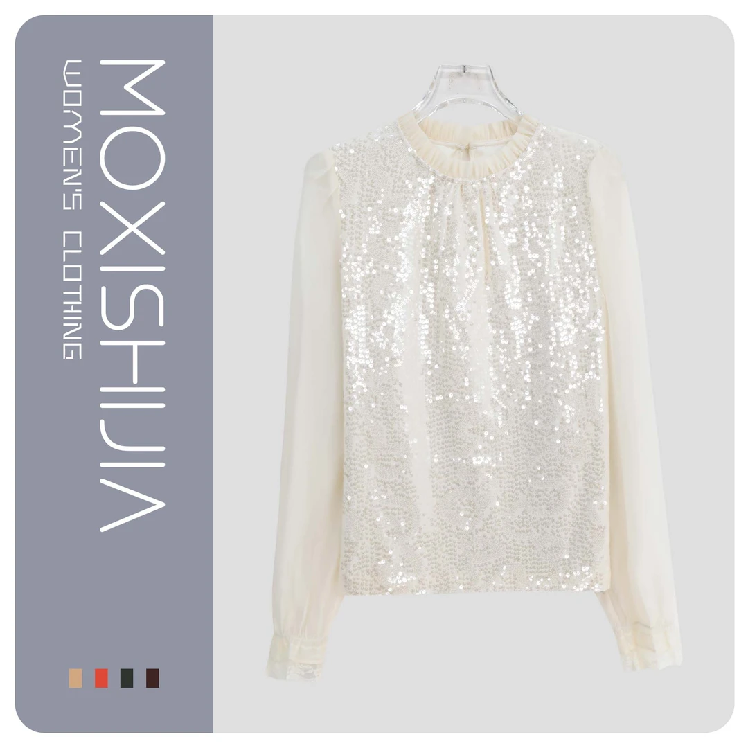 S新款法式温柔小众显瘦设计感亮片衬衫S3051