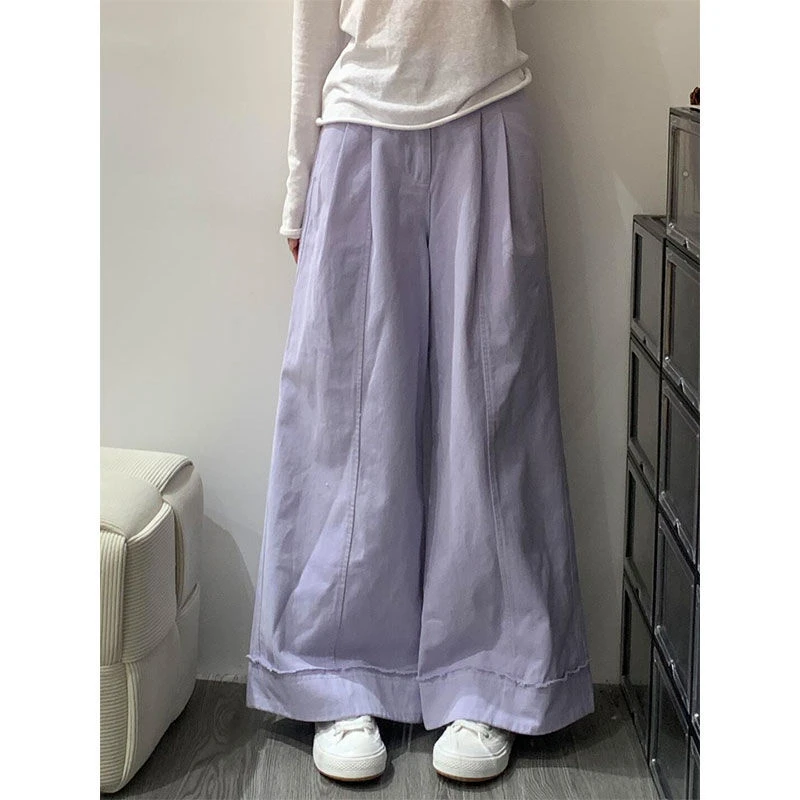 145小个子设计感褶皱紫色阔腿牛仔裤女高腰宽松垂感直筒拖地长裤