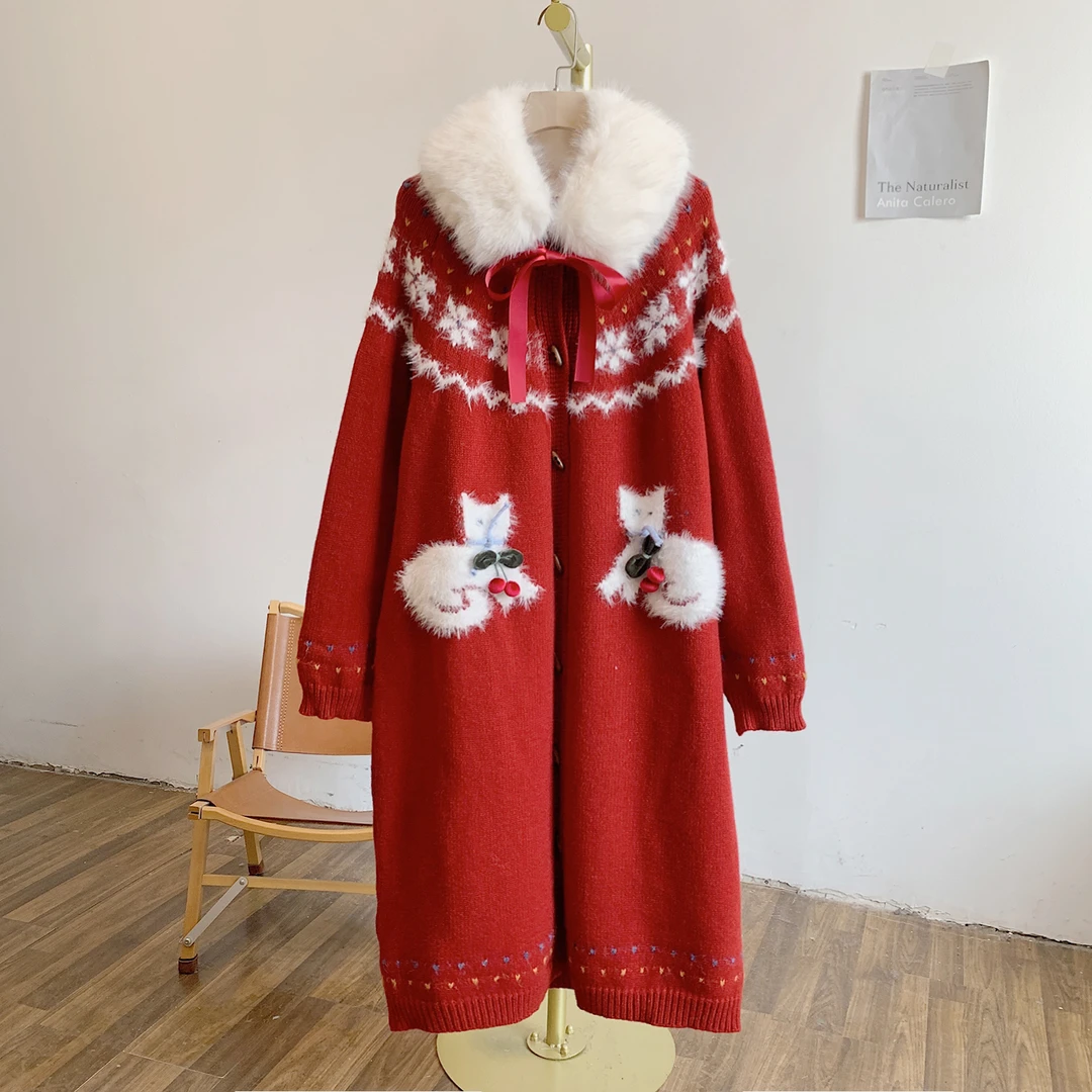 小猫毛衣裙C5384小猫提花木扣可脱卸系带毛领圆领针织开衫裙