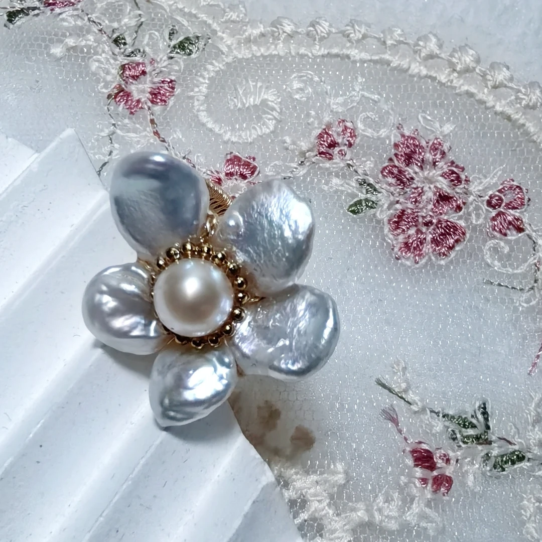 黄铜贝壳戒指 手工绕线饰品定制花瓣极光异形珠巴洛克戒指