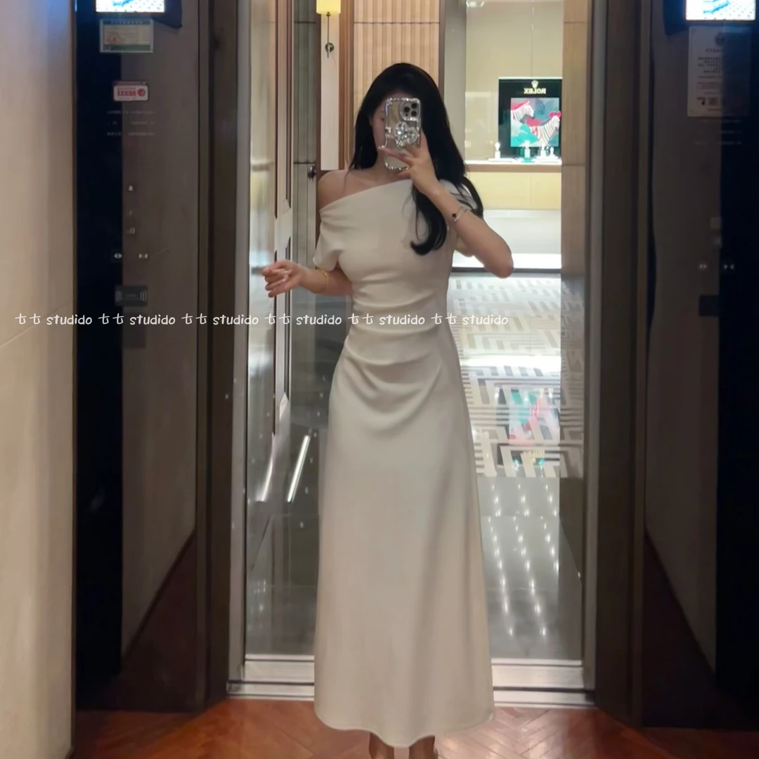 七七【优雅月光】气质显瘦一衣三穿斜肩短袖修身一字肩连衣裙Q5111