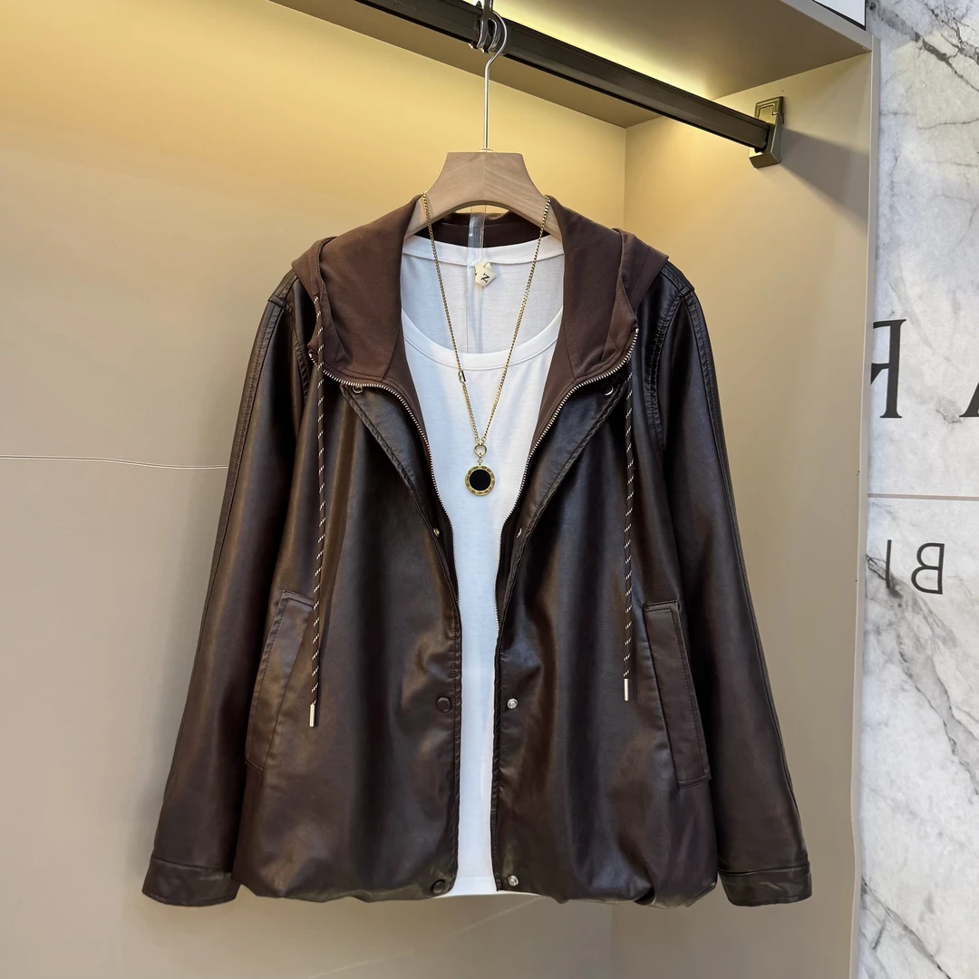 2025秋新款气质连帽pu皮设计拼接高级显瘦别致胖mm免洗外套88387