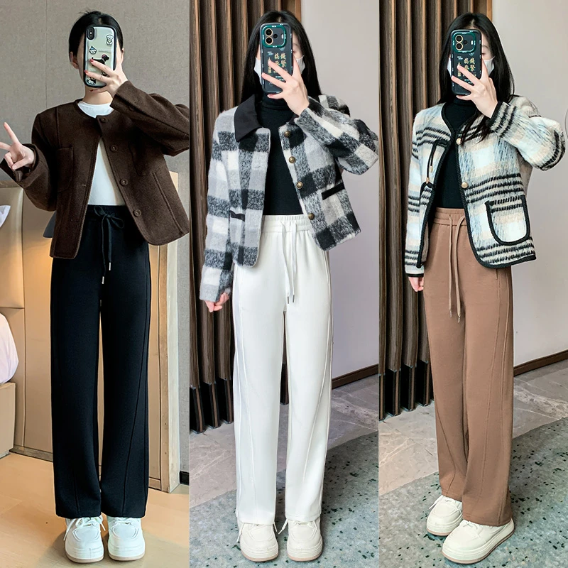 小个子香蕉裤女秋冬新款显瘦直筒裤高腰加绒裤子休闲百搭窄版长裤