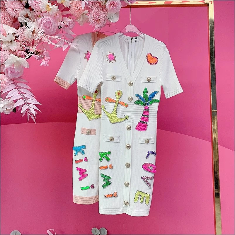 QD578欧美风设计师2024夏季新款重工字母亮片花开衫中长连衣裙女