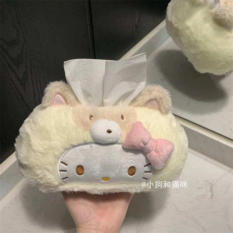 可爱 kitty奶黄毛绒纸巾盒纸巾家用客厅卫生间纸盒纸巾盒车载加厚