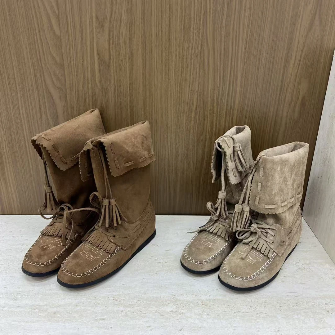 DS 单里内增高4cm废土风复古西部流苏绑带编织中筒靴-8022