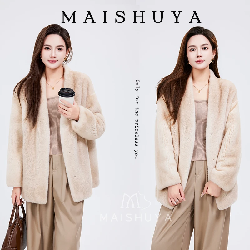 麦舒雅进口水貂100%真貂女款经典V领貂皮大衣海宁皮草水貂外套