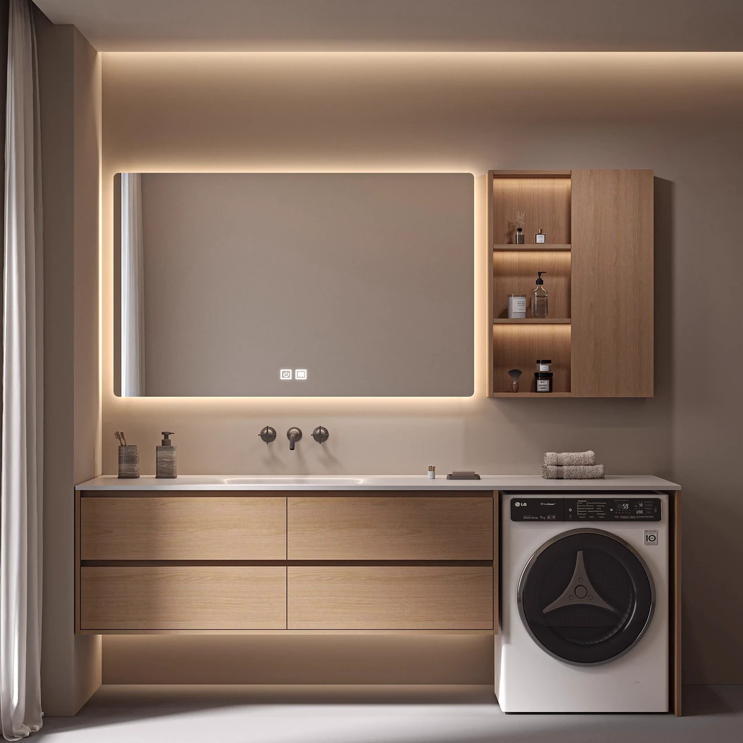 极简原木风阳台洗衣机浴室柜组合岩板无缝一体盆洗衣机柜台盆一体