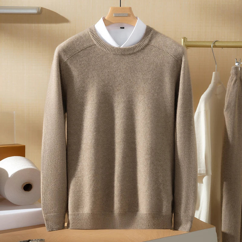 LP同款】男士纯山羊绒450克马鞍肩圆领厚款保暖长袖套衫大码套头衫