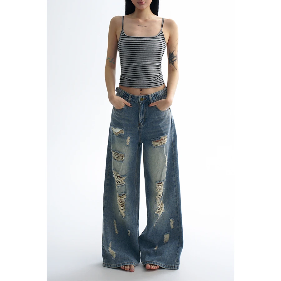 AGUA美式破洞拖地牛仔裤女辣妹高街设计感复古宽松慵懒阔腿长裤子