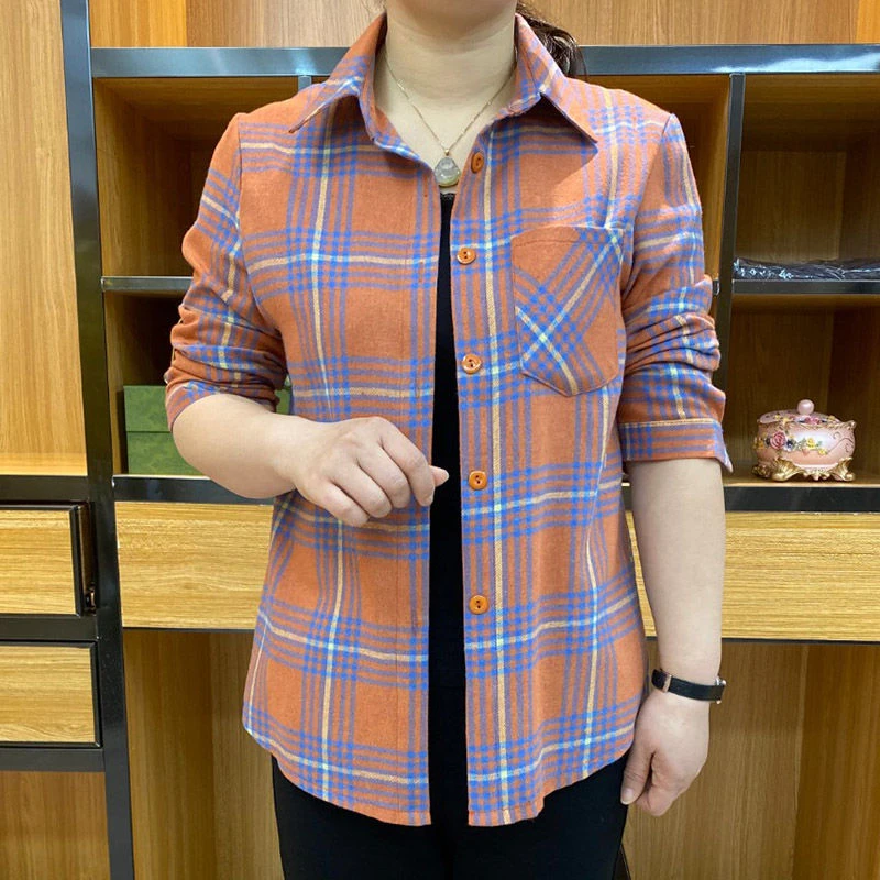 春季新款时尚百搭气质简约英伦高档格子衬衫上衣小衫大码妈妈装