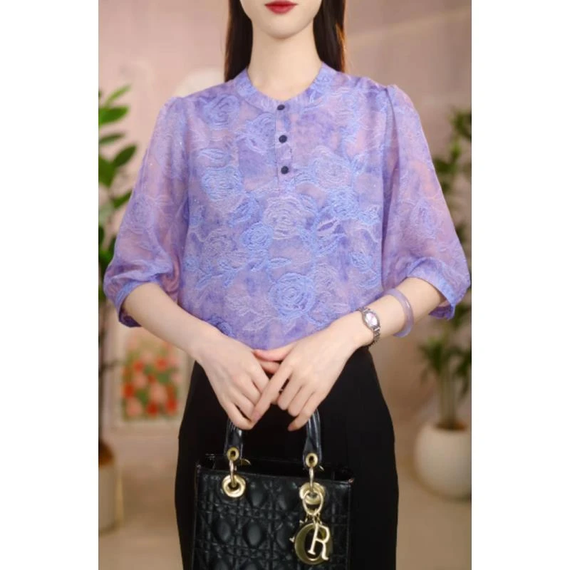 741-新款紫花优雅气质典雅衬衫春夏款