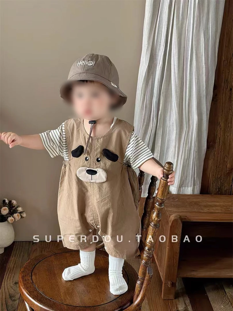 婴儿夏季短袖背带裤套装2025新款男宝宝卡通小狗夏天外出连体爬服