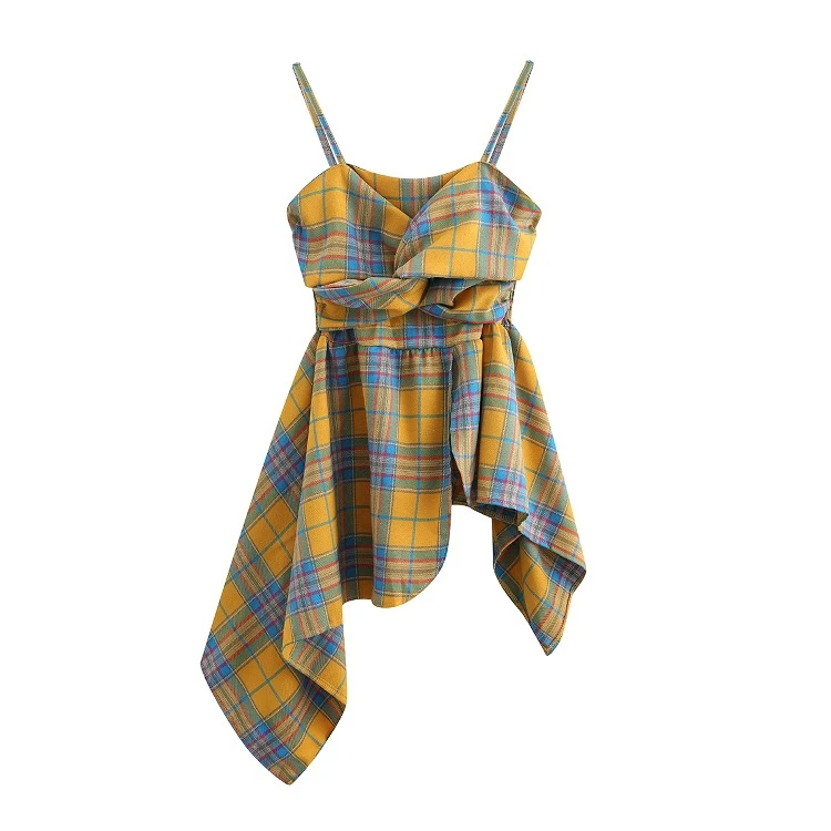 格子不规则下摆吊带短款背心外搭女夏季别致设计感无袖上衣外穿