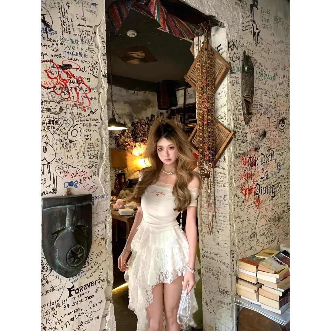 痞帅炸街风女装纯欲芭蕾风一字肩短袖T恤上衣夏季气质蕾丝半身裙