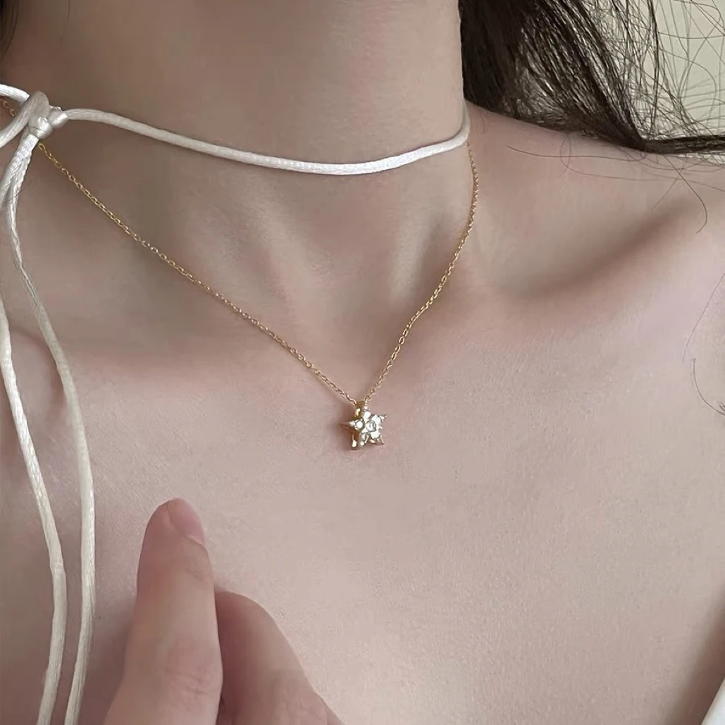 坠链均925银锆石 925纯银女韩系项链星星吊坠锆石小众设计长颈链