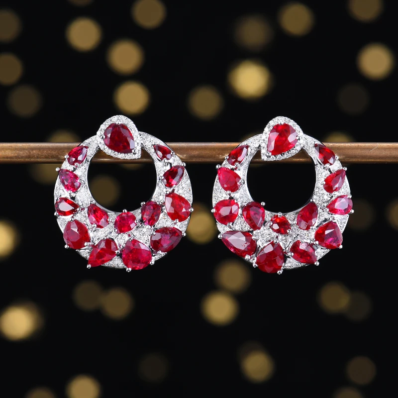 复古18K金天然无烧鸽血红红宝石耳钉百搭时尚气质