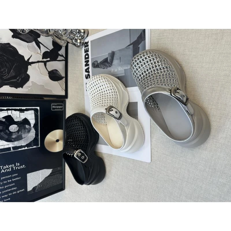 【现货】包头半拖鞋欧若风美系方格网面女透气软底厚底25LF00162