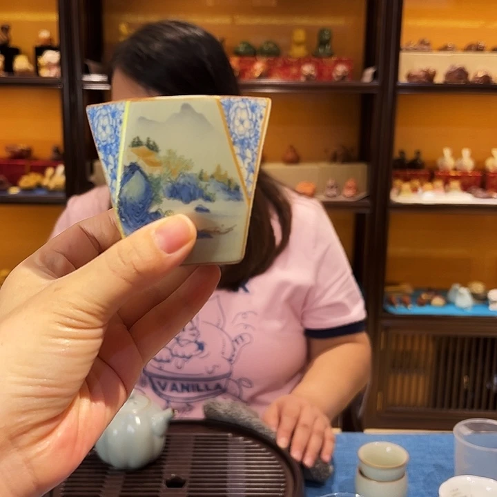 汝窑山水青花贴片杯