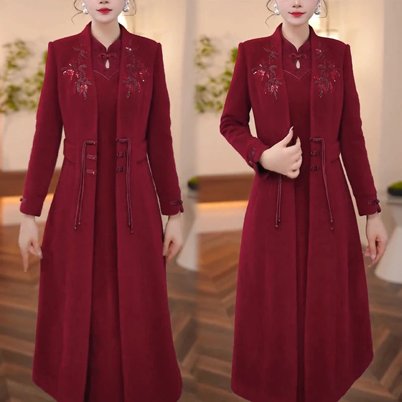 高级新中式改良旗袍两件套2025秋冬季新款风衣连衣裙中长款套装女