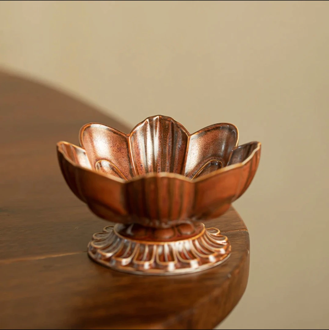 G1670-莲花高脚果盘（红金釉）DD家用创意陶瓷茶道复古