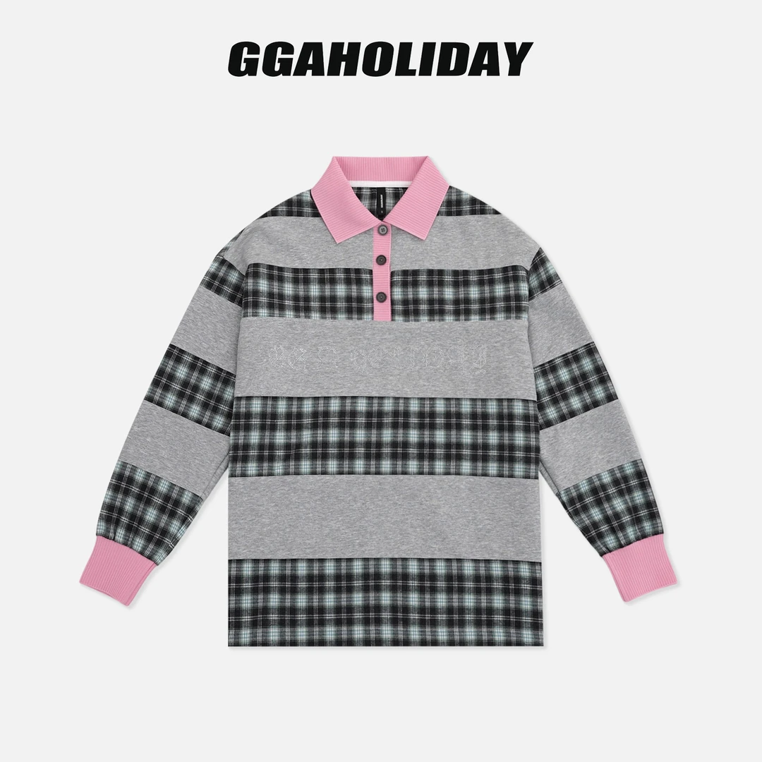 GGAHOLIDAY秋季时尚休闲宽松格子拼接撞色长袖POLO卫衣-154105