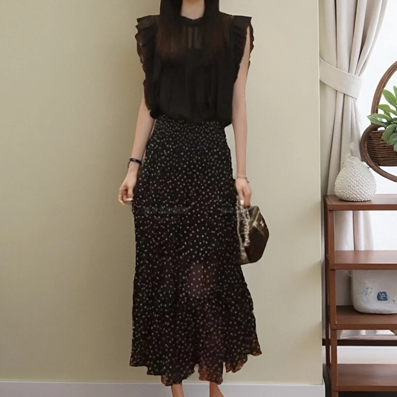 2025年夏季新款时尚飞飞袖上衣高腰显瘦波点半身裙两件套减龄套装