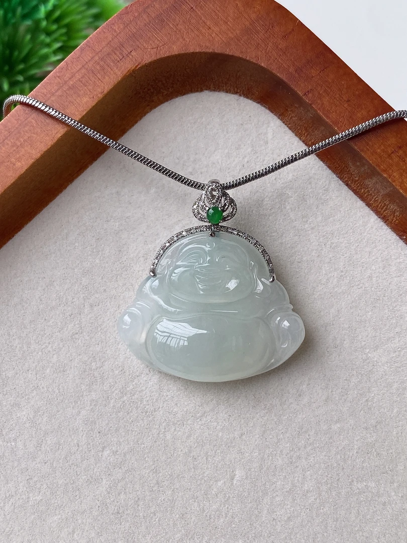 天然缅甸A级翡翠精致高端臻选百搭款白冰佛公吊坠18k白金镶嵌