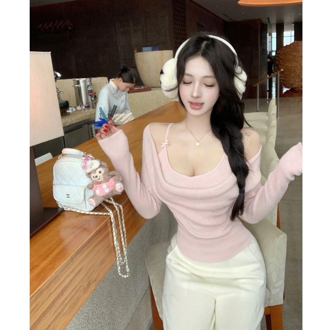 【粉莓心事】2025秋季新款纯欲甜妹假两件荡领针织上衣女配休闲长裤