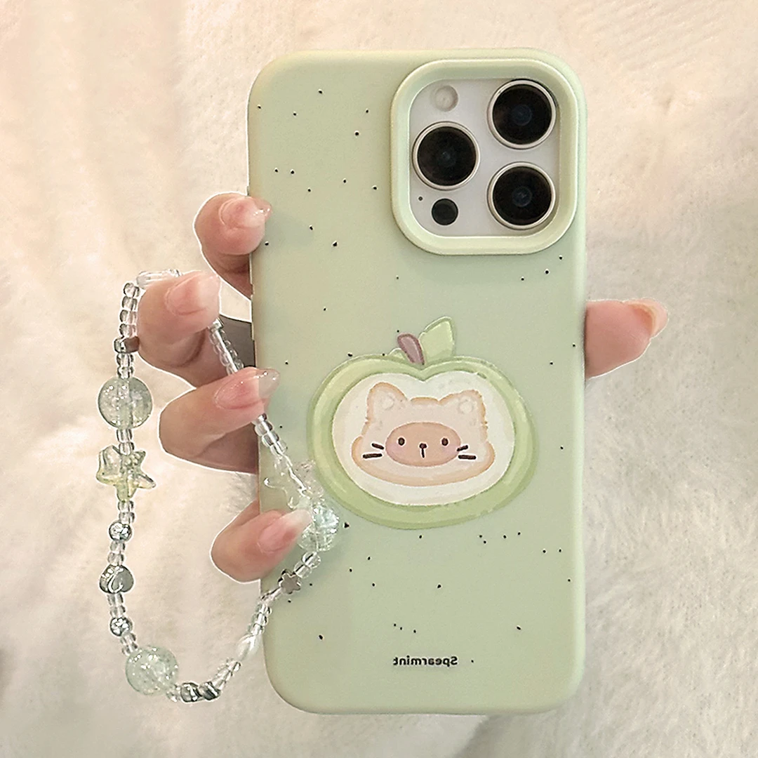 青苹果猫咪iphone16手机壳苹果15适用14promax挂链13卡通11防摔软