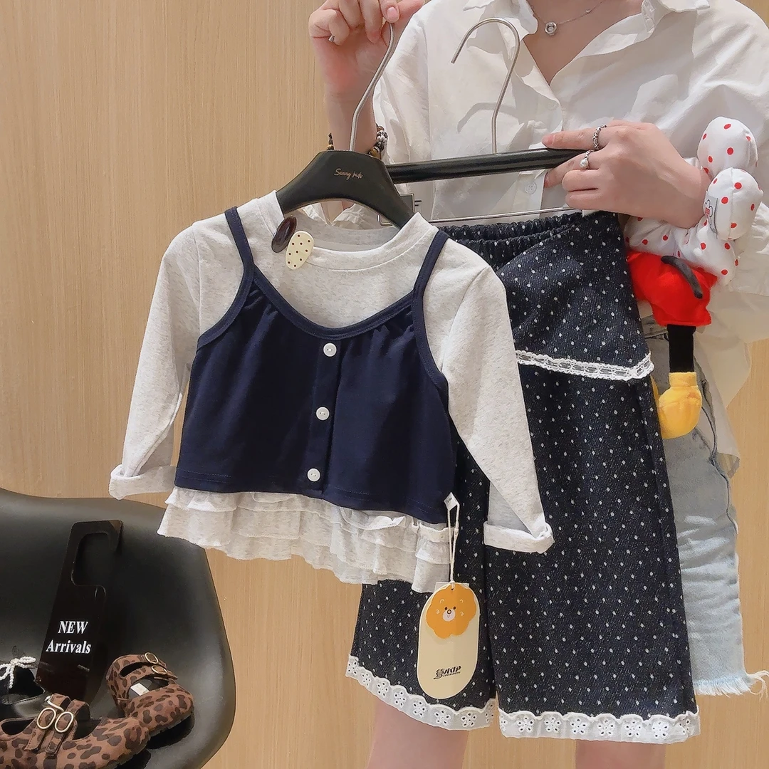 【三件套】女童秋季新款时尚百搭洋气吊带打底长袖花边阔腿裤三件套