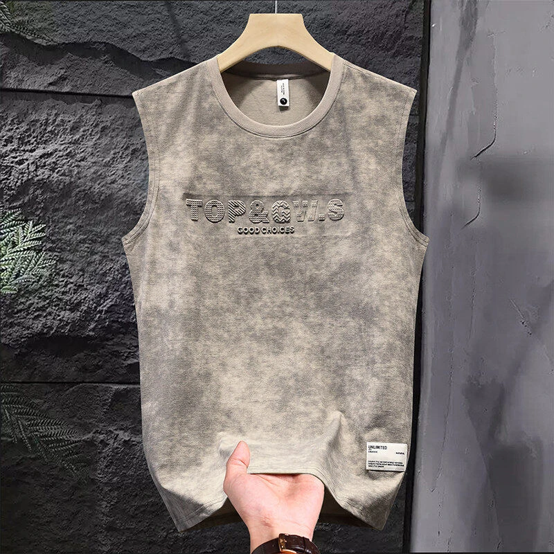【高品质】美式钢印圆领背心男士潮牌简约扎染凹凸休闲T恤夏251215