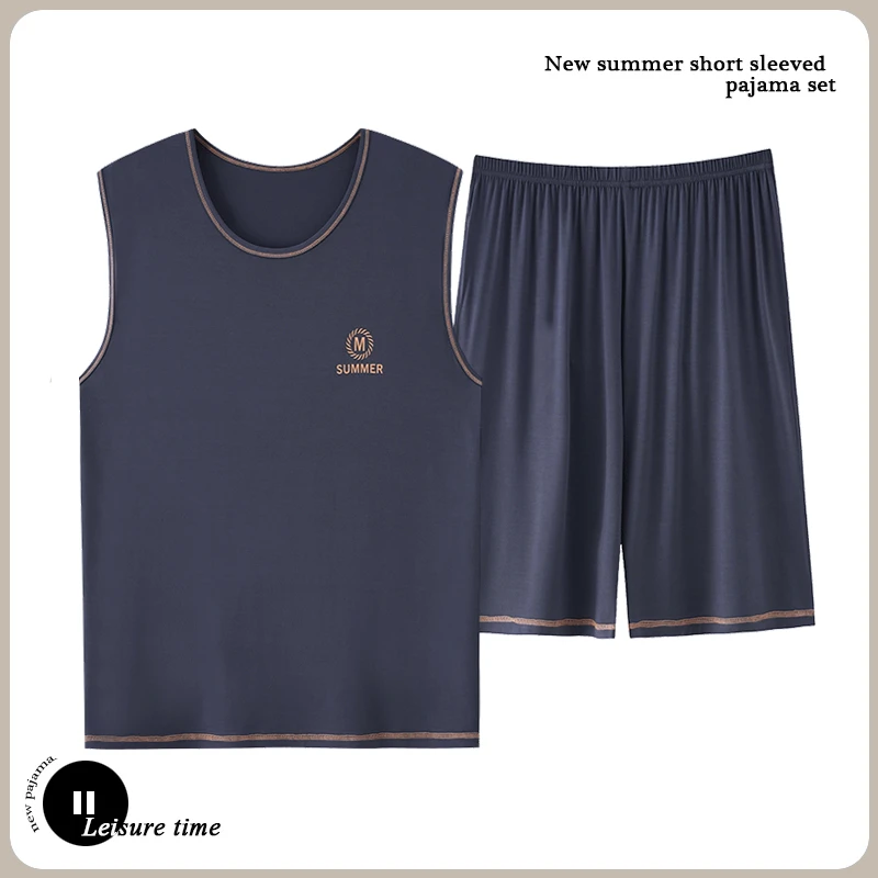 6XL莫代尔男士睡衣夏季冰丝凉感背心短裤加肥加大码250斤胖子套装