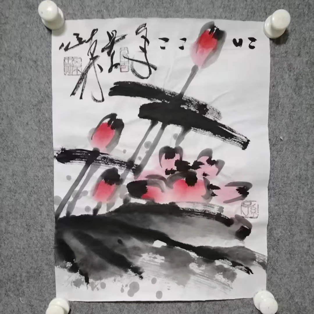 《清荷图》大写意画花鸟，孙景森作品，尺寸：33X45cm(四尺六裁）