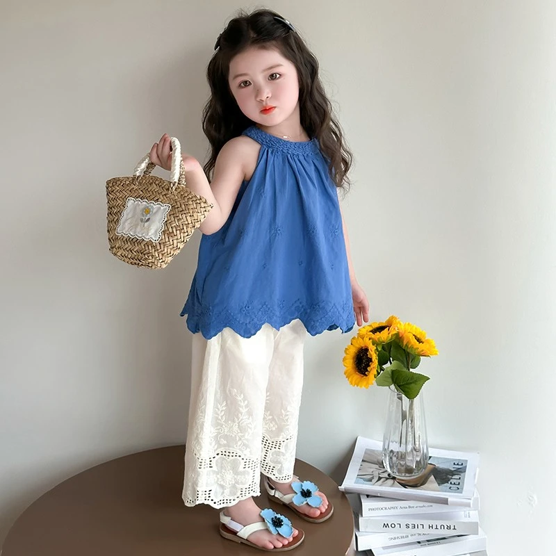 显白套装女童夏季套装2025年新款洋气女宝宝镂空挂脖背心儿童韩版