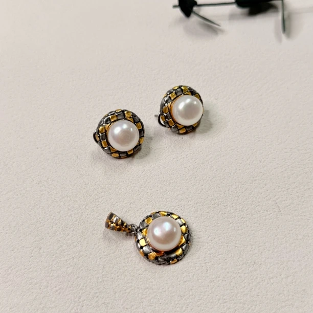 意大利定制淡水珍珠手工雕工925银套装at616