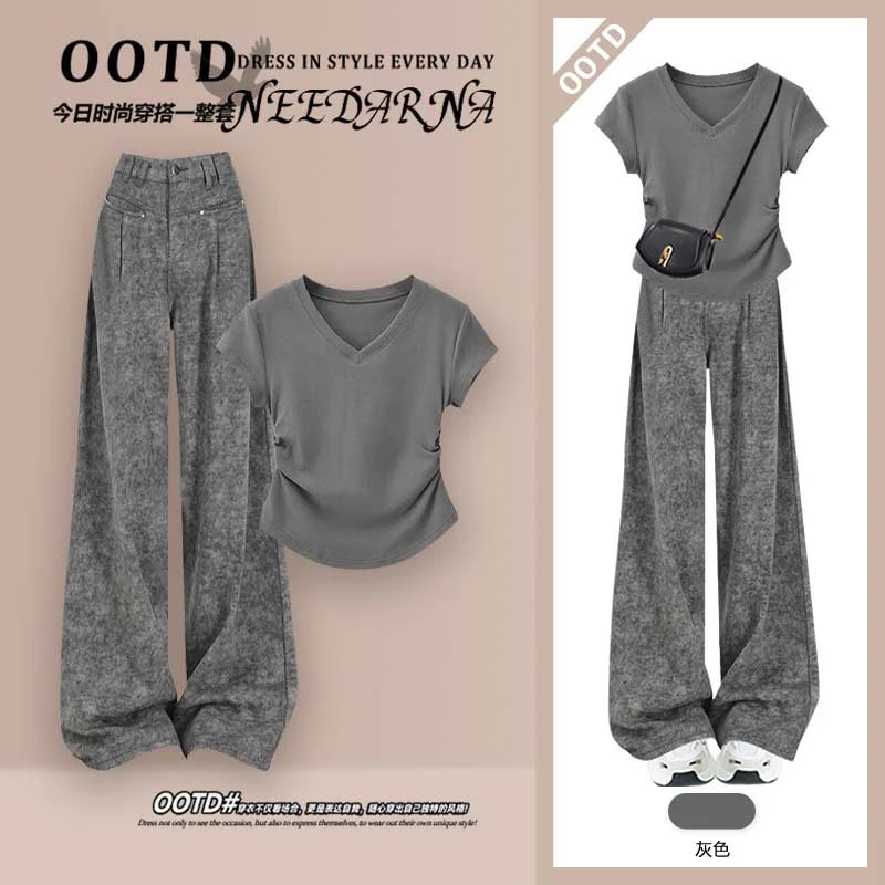 韩系穿搭一整套2025夏季新款时尚短袖t恤女显瘦百搭阔腿裤两件套