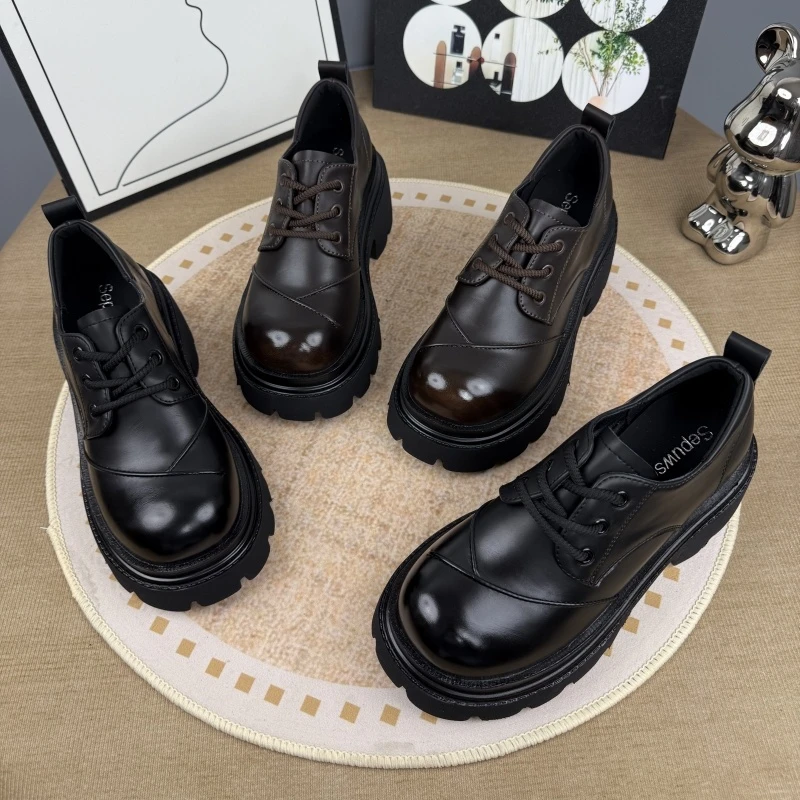 厚底复古小皮鞋女英伦风2025春季新款小个子增高系带圆头乐福鞋女
