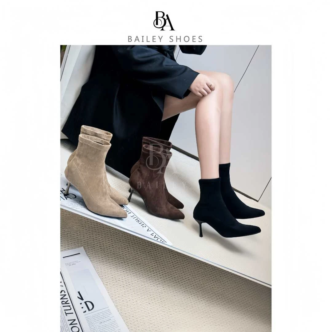 Bailey 秋冬轻奢靴子7cm尖头弹力瘦瘦靴绒面软底新款细跟女短靴