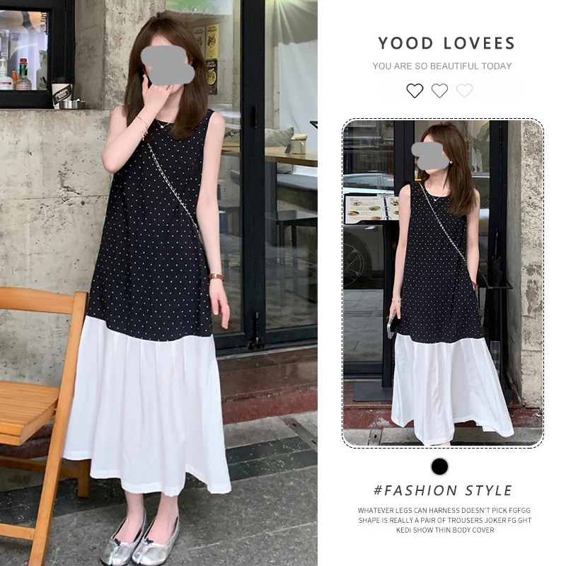黑色波点拼接连衣裙女中长款2025夏季新款法式宽松减龄无袖背心裙