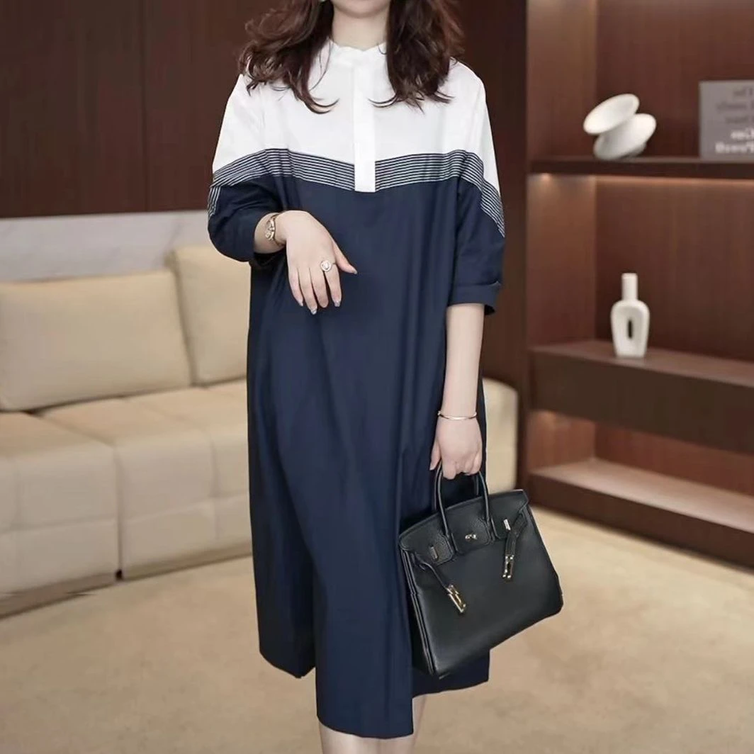 设计感拼色连衣裙2025夏季新款大码胖MM遮肉显瘦减龄衬衫裙2920